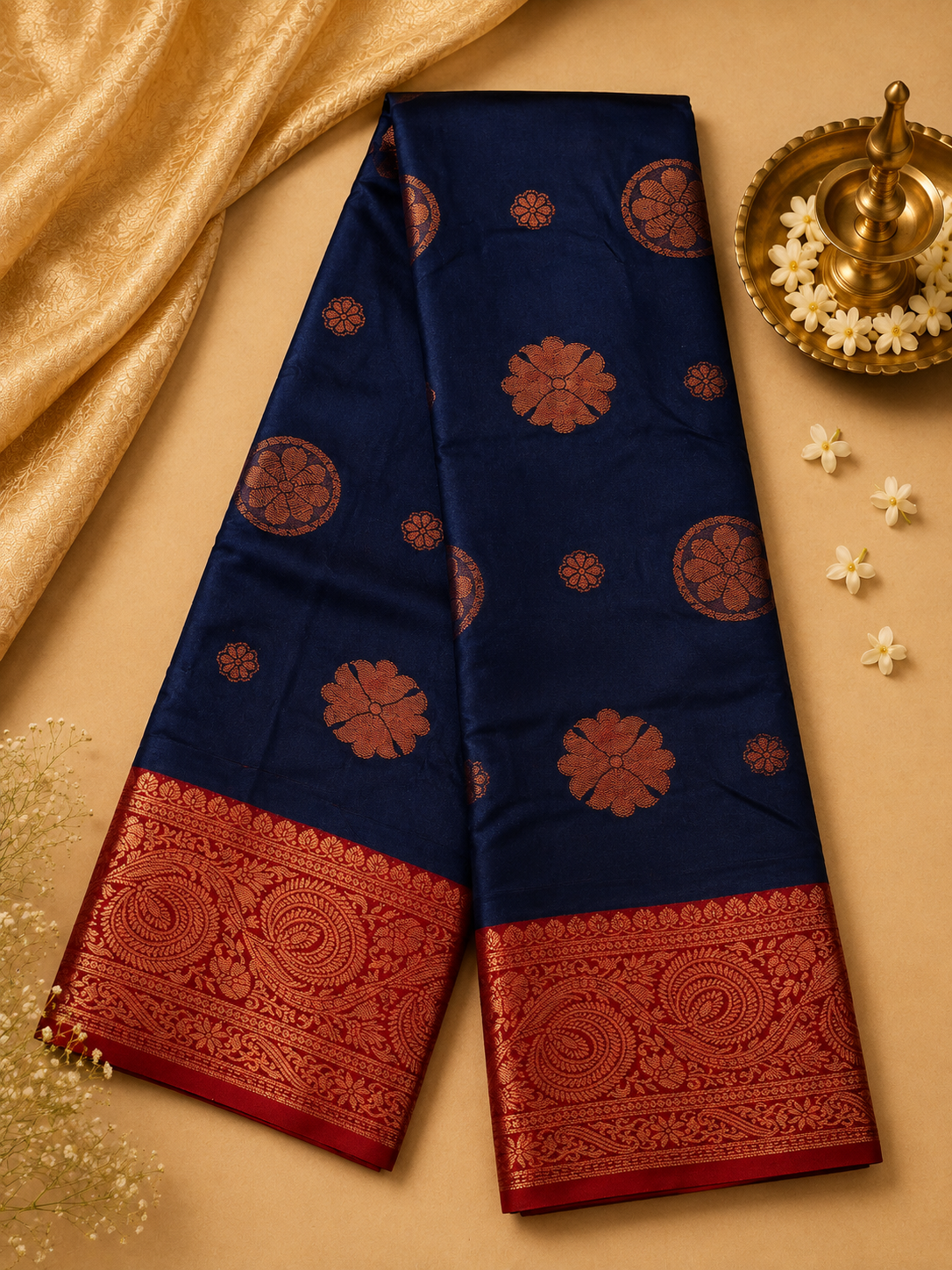 Navy Blue Soft Pattu Silk Saree with Floral Motif & Blouse
