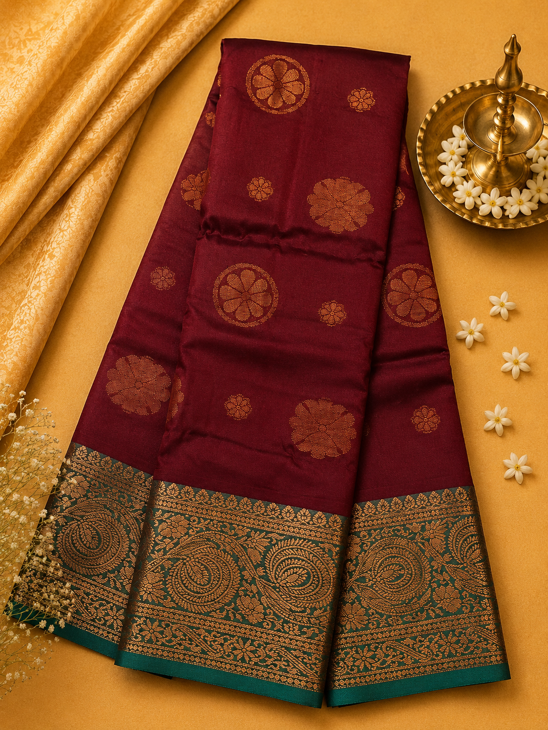 Maroon Soft Pattu Silk Saree with Floral Motif & Blouse