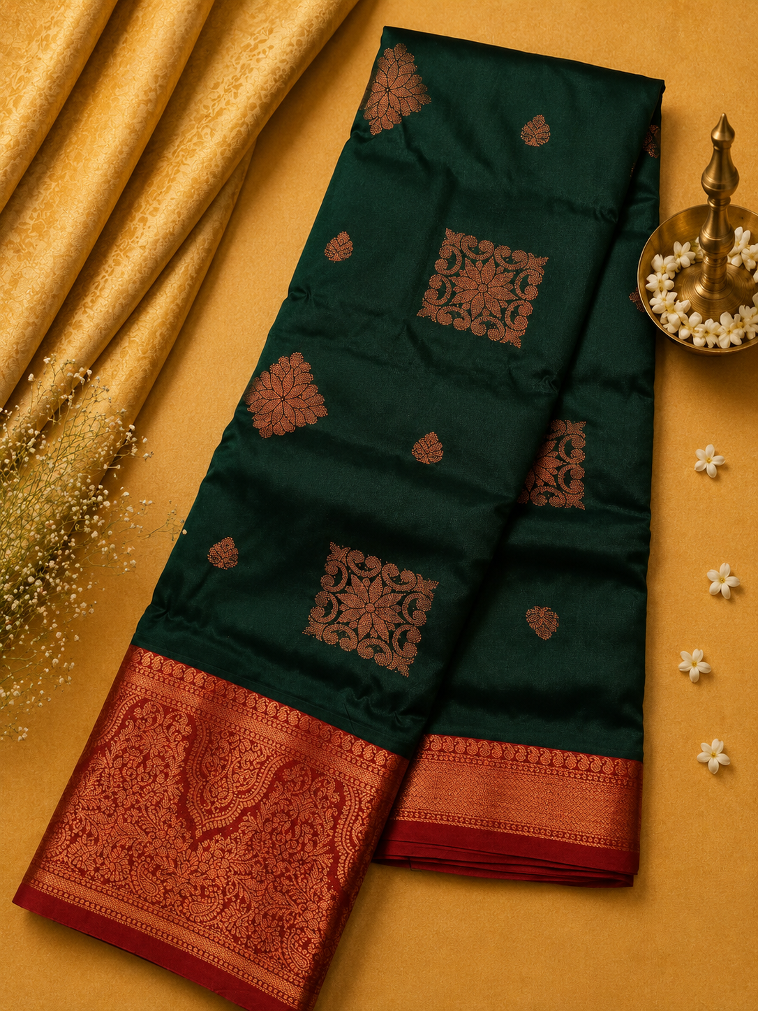 Bottle Green Soft Pattu Silk Saree with Rich Zari Border & Blouse