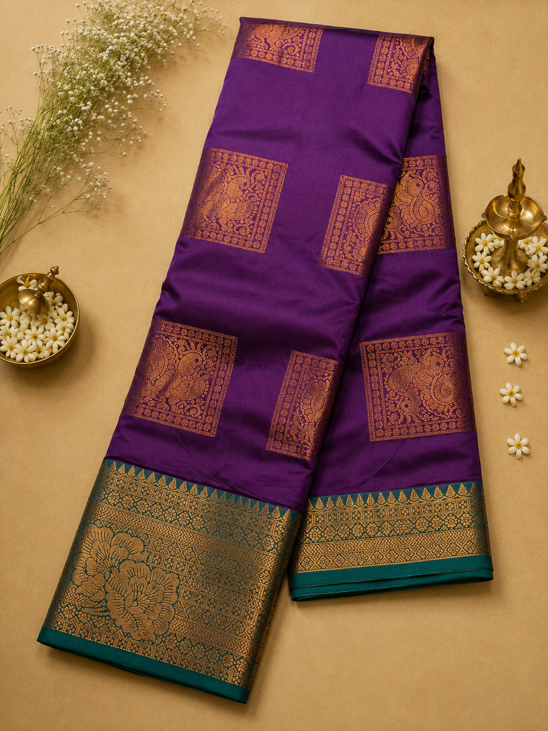 Royal Purple Soft Pattu Silk Saree with Floral Zari Border & Blouse