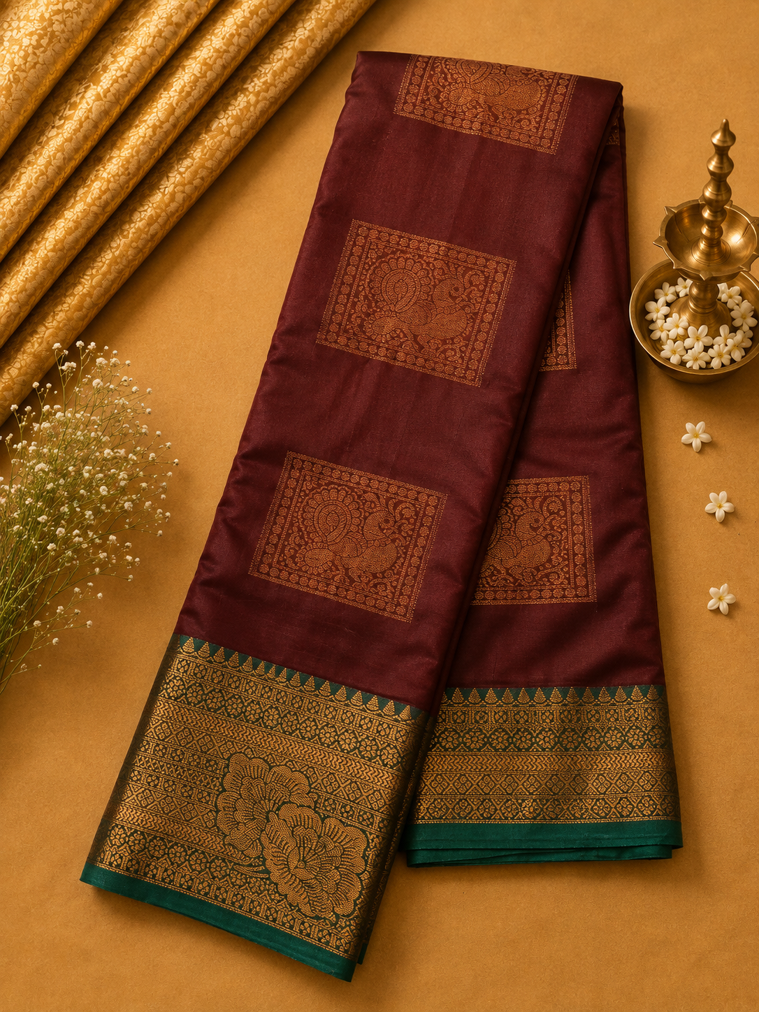 Maroon Soft Pattu Silk Saree with Floral Zari Border & Blouse