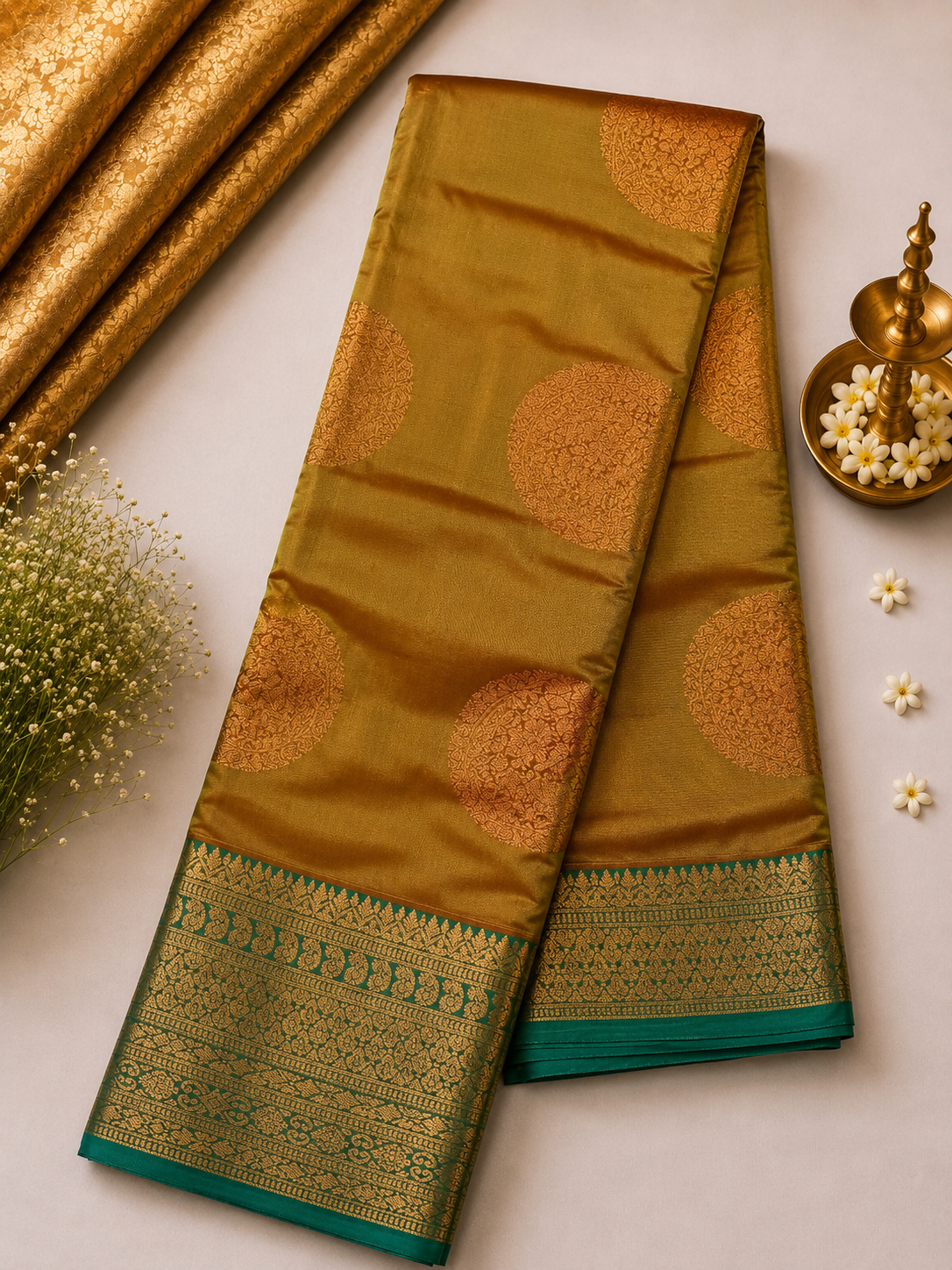 Mustard Gold Soft Pattu Silk Saree with Traditional Zari Border & Blouse