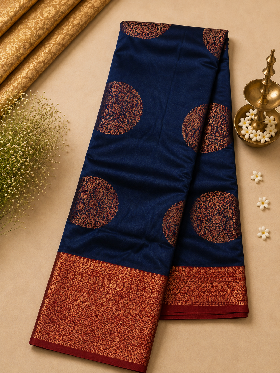 Navy Blue Soft Pattu Silk Saree with Traditional Zari Border & Blouse