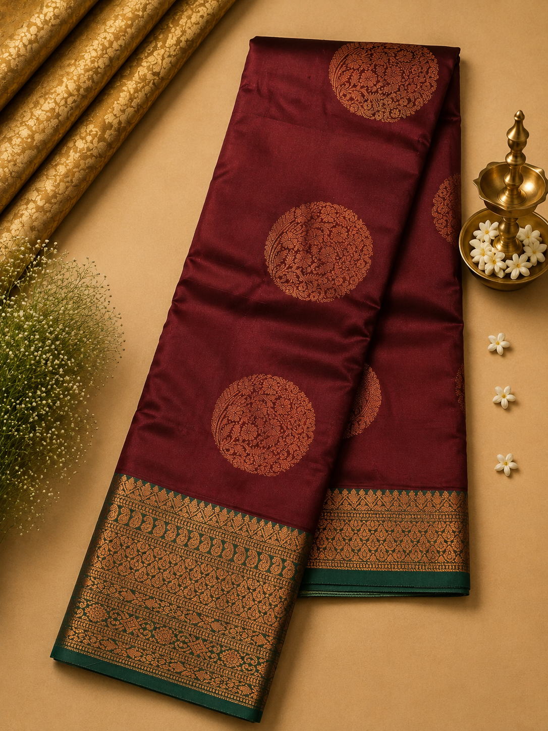 Maroon Soft Pattu Silk Saree with Traditional Zari Border & Blouse