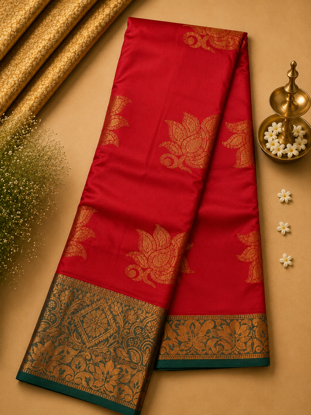 Rani Pink Soft Pattu Silk Saree with Lotus Motif & Zari Border