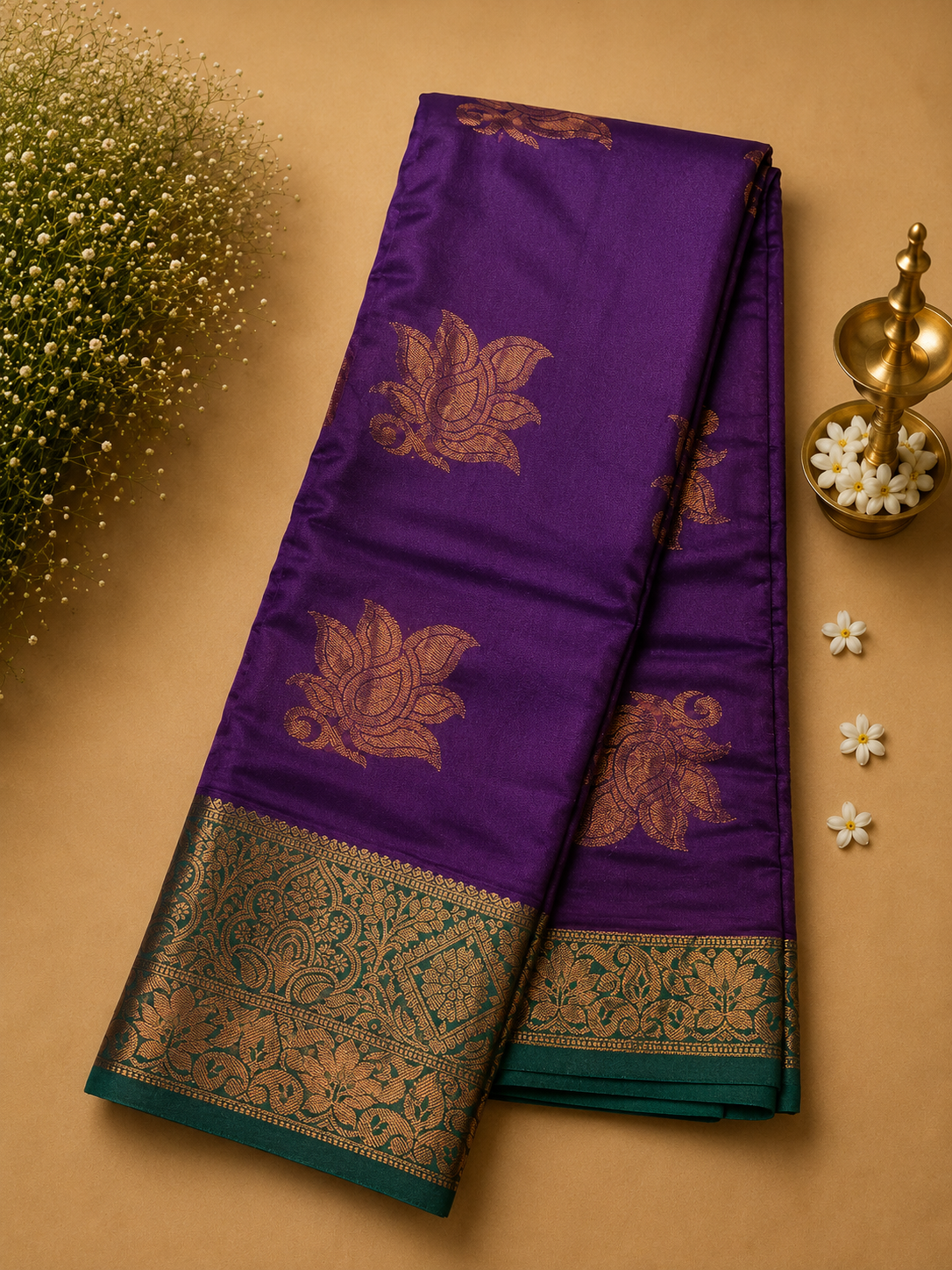 Royal Purple Soft Pattu Silk Saree with Lotus Motif & Zari Border