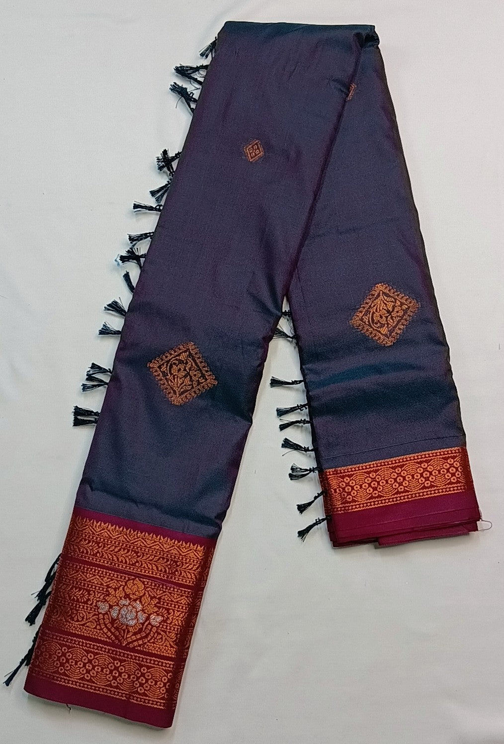 Deep Navy Blue Soft Pattu Silk Saree with Floral Zari Border & Blouse