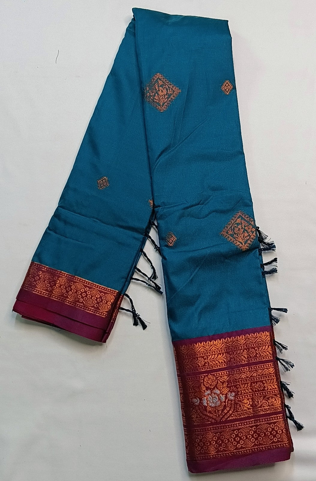 Peacock Blue Soft Pattu Silk Saree with Floral Zari Border & Blouse