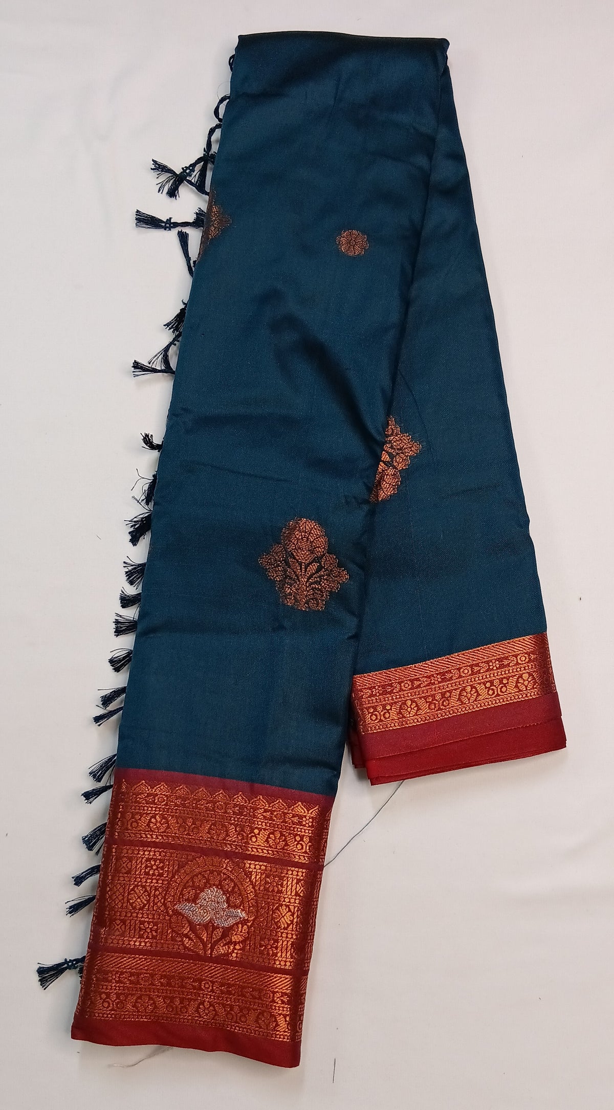 Navy Blue Soft Gayatri Silk Saree with Floral Zari Border & Blouse