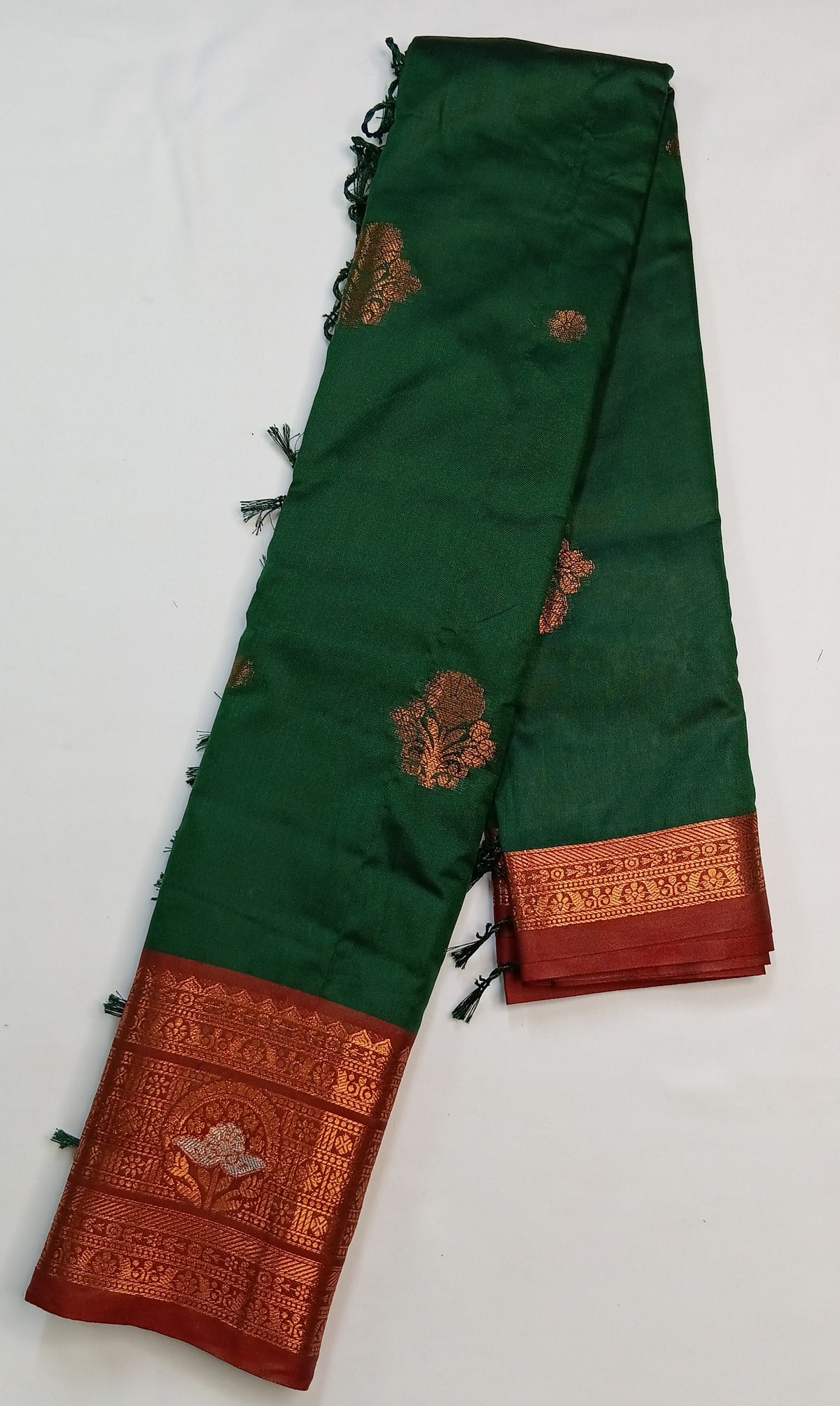 Bottle Green Soft Gayatri Silk Saree with Floral Zari Border & Blouse