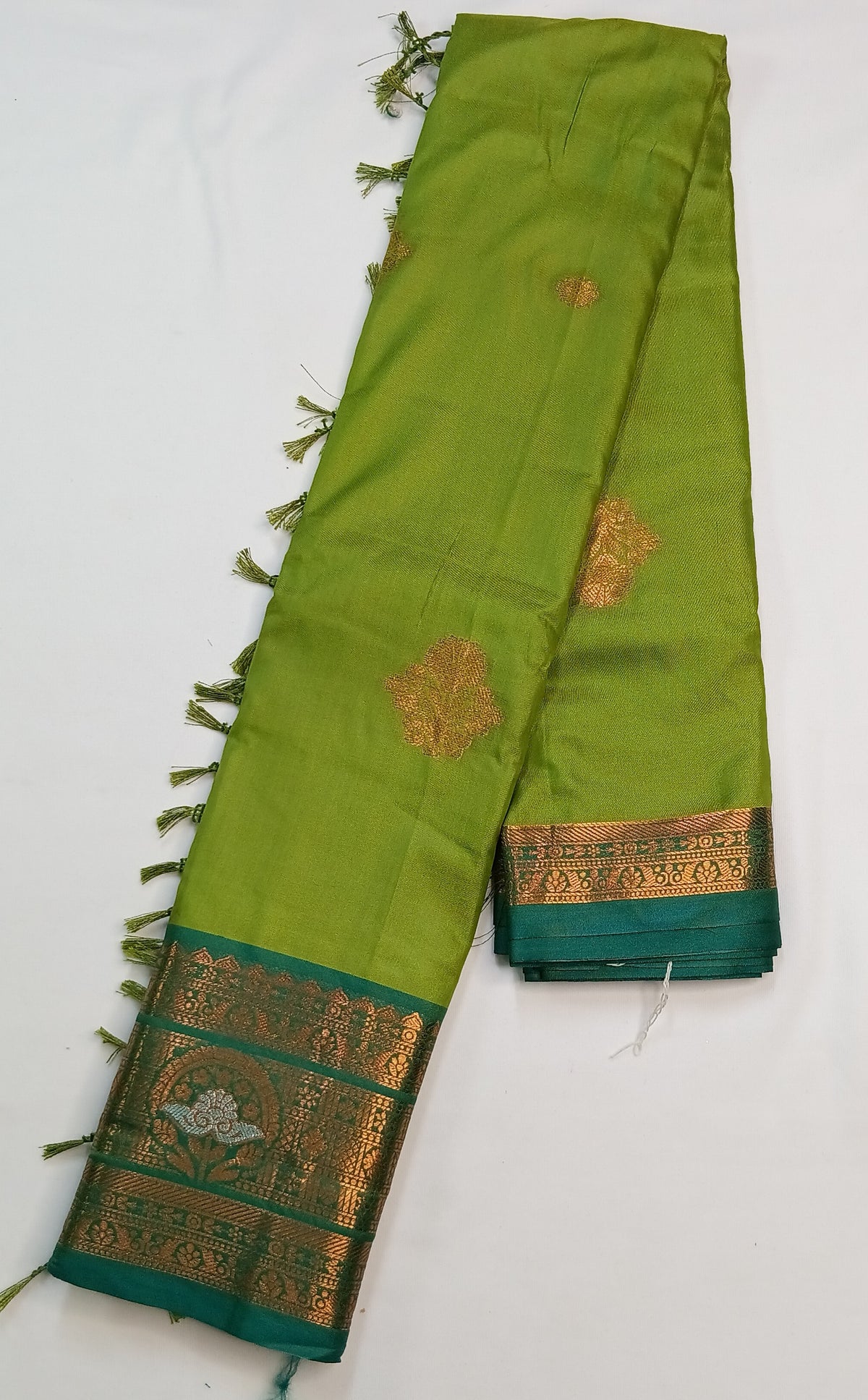 Parrot Green Soft Gayatri Silk Saree with Floral Zari Border & Blouse