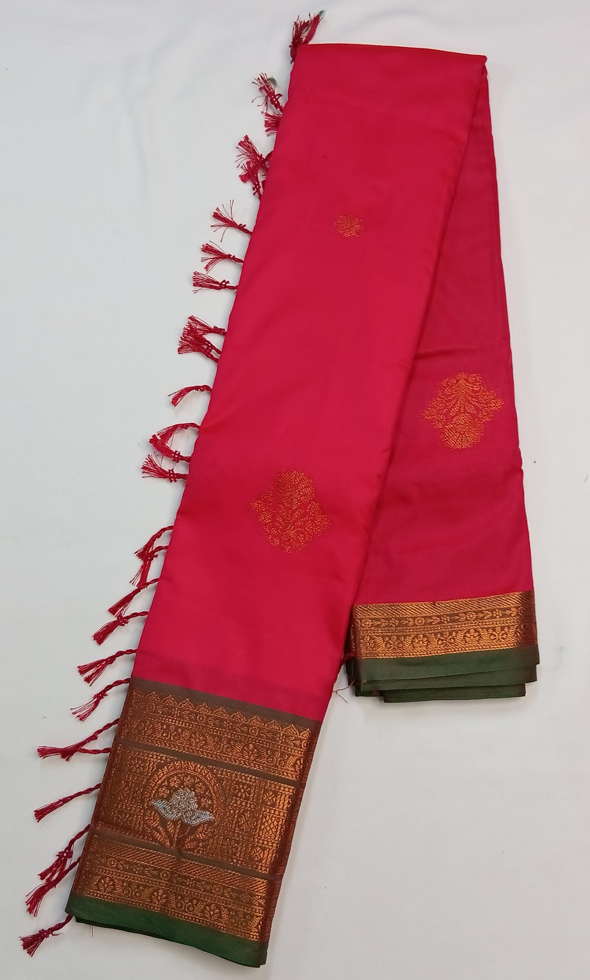 Rani Pink Soft Gayatri Silk Saree with Floral Zari Border & Blouse