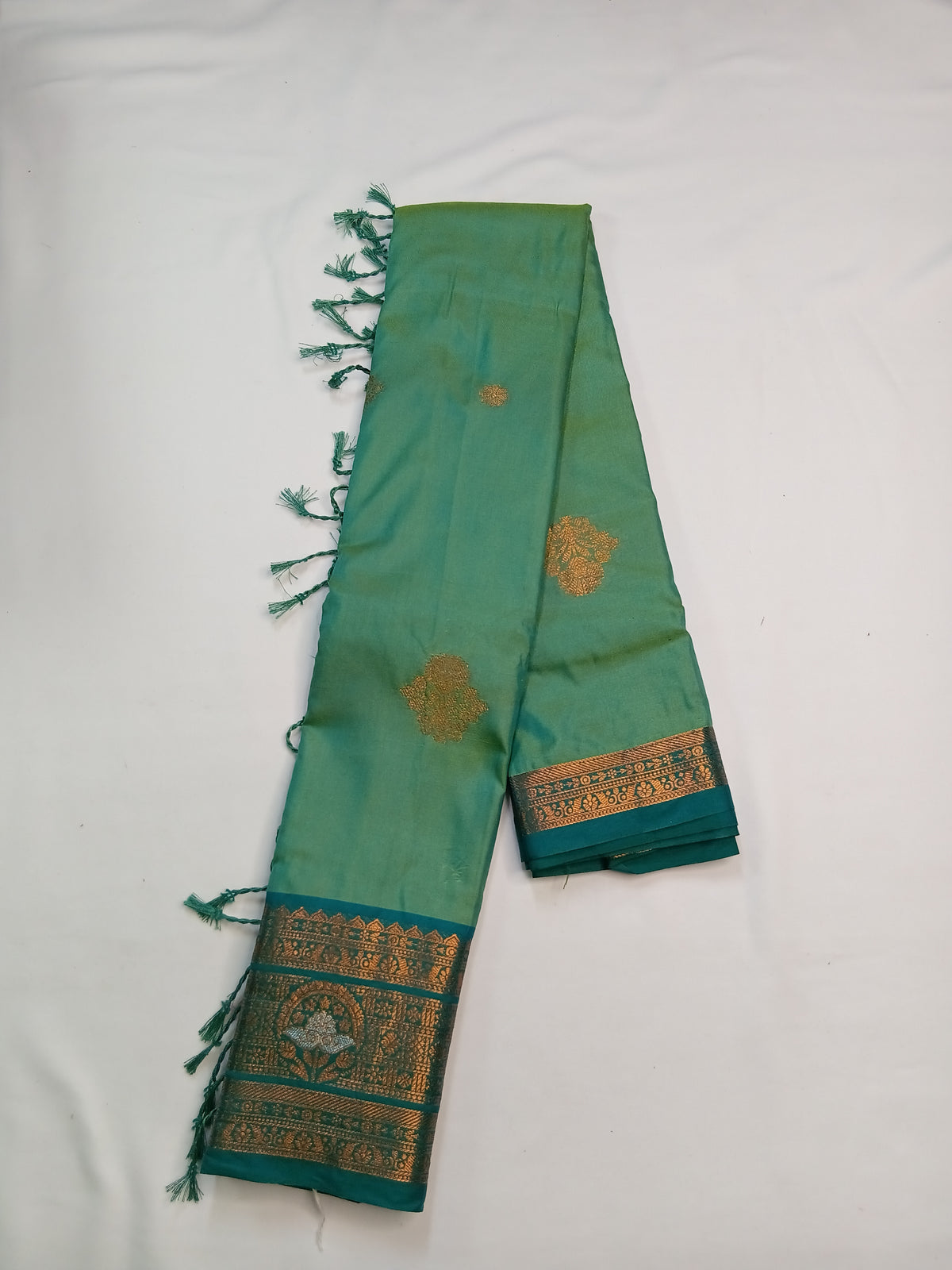 Mint Green Soft Gayatri Silk Saree with Floral Zari Border & Blouse