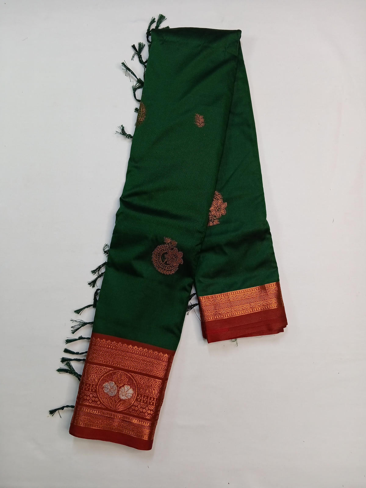 Bottle Green Gayatri Silk Saree with Floral Zari Border & Blouse
