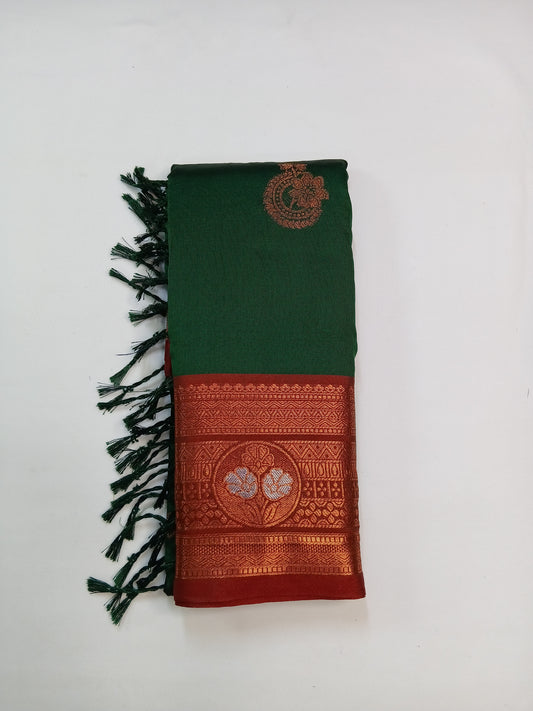 Bottle Green Gayatri Silk Saree with Floral Zari Border & Blouse