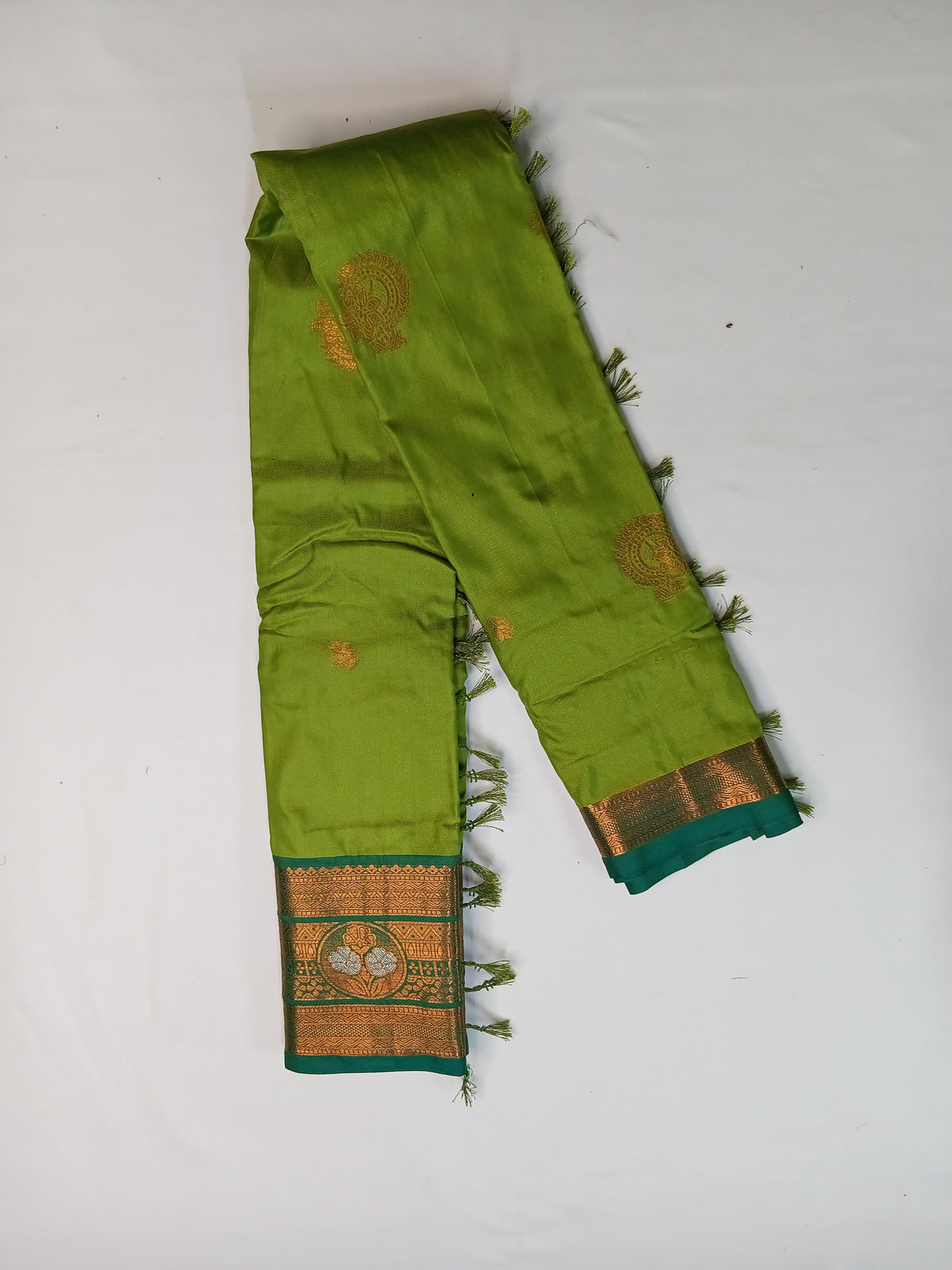 Parrot Green Gayatri Silk Saree with Floral Zari Border & Blouse