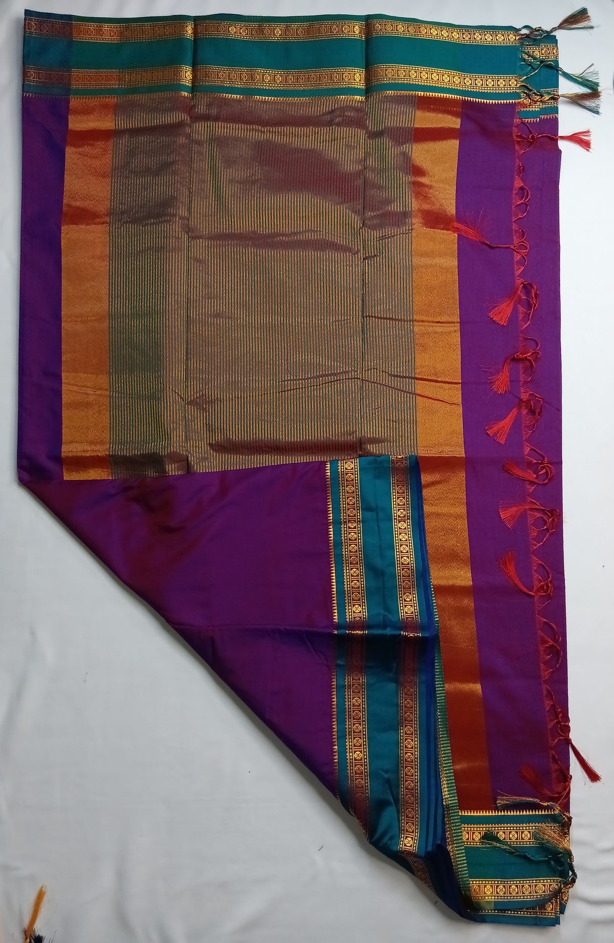Purple Narayani Cotton Saree with Teal Silk Jari Border