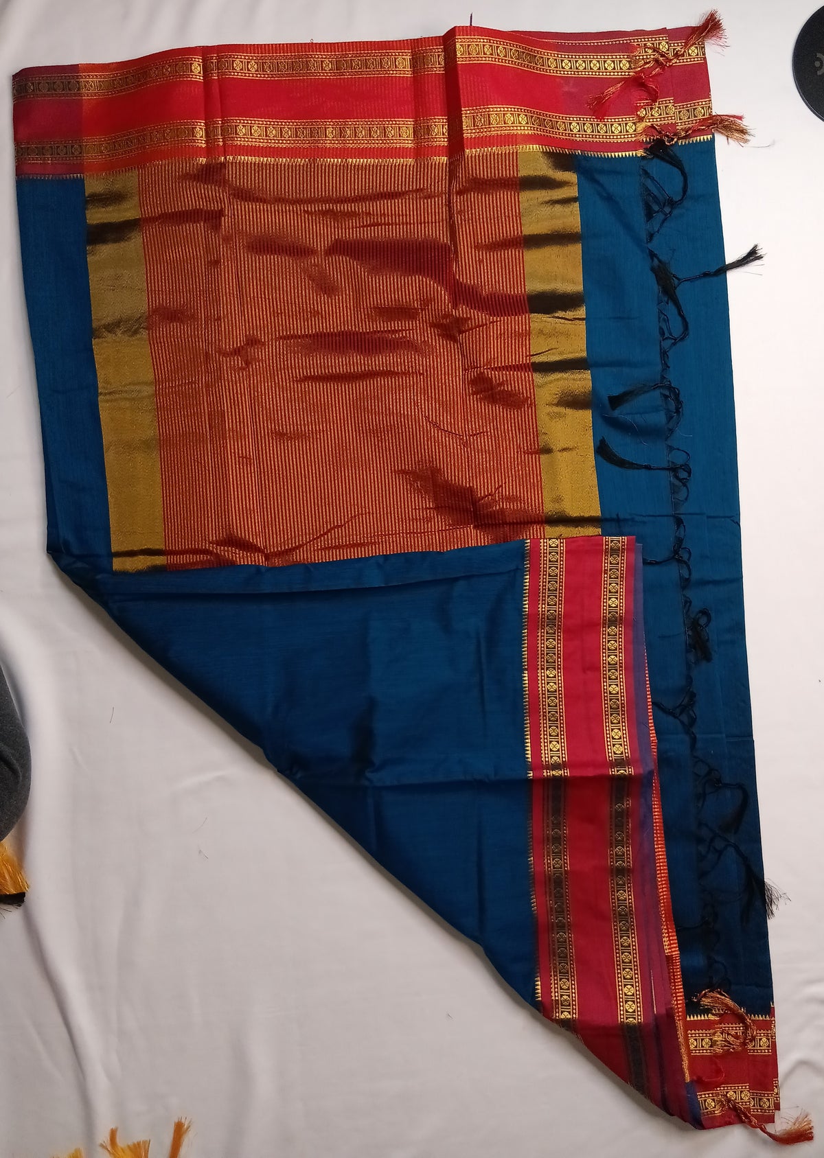 Navy Blue Narayani Cotton Saree with Pink Silk Jari Border