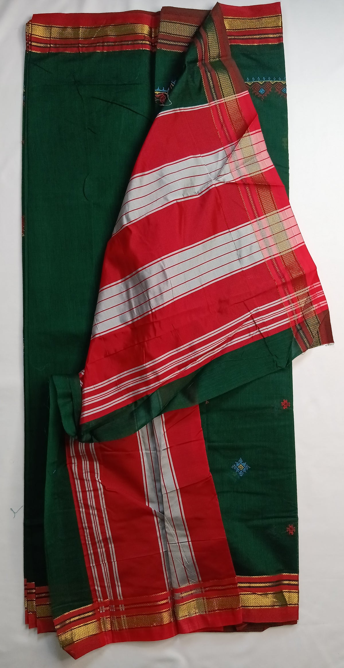 Bottle Green Kasuti Cotton Saree with Mixed Silk Zari Border