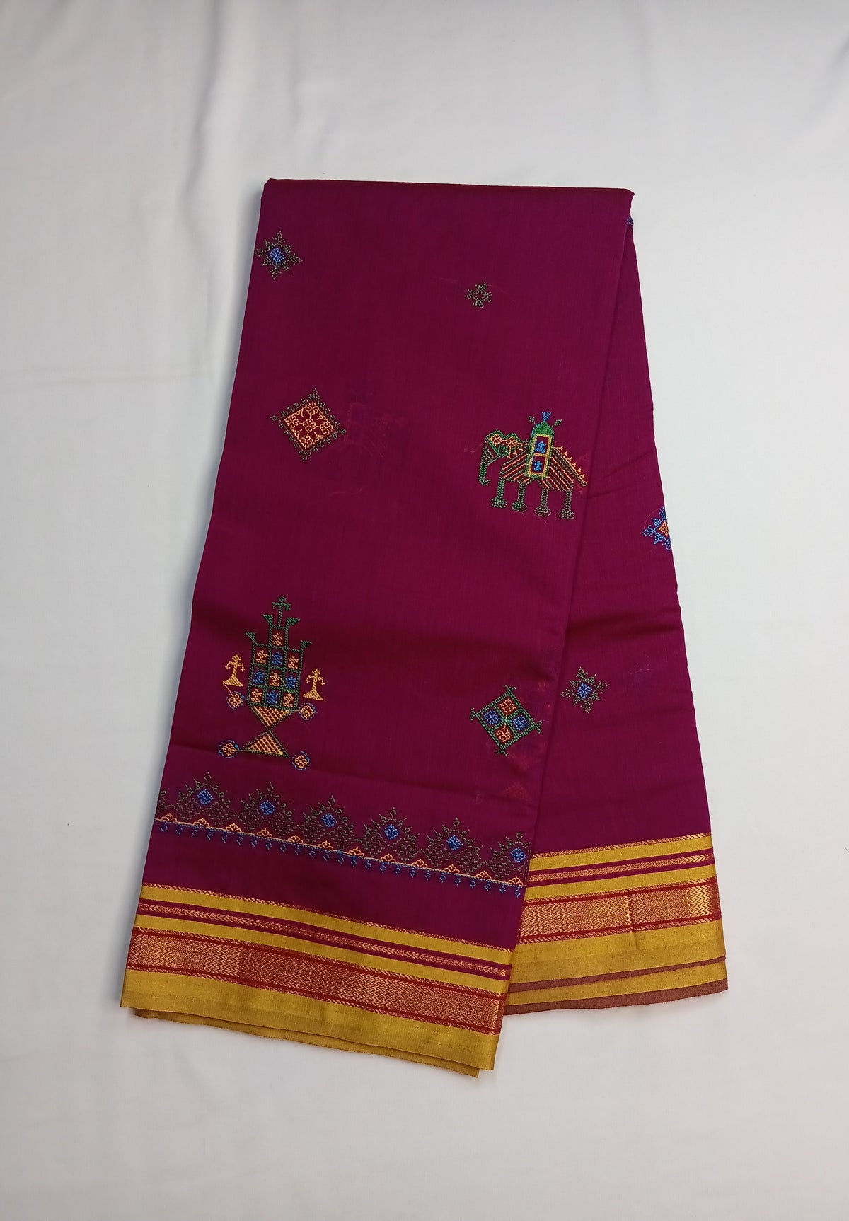 Wine Kasuti Cotton Saree with Mixed Silk Zari Border
