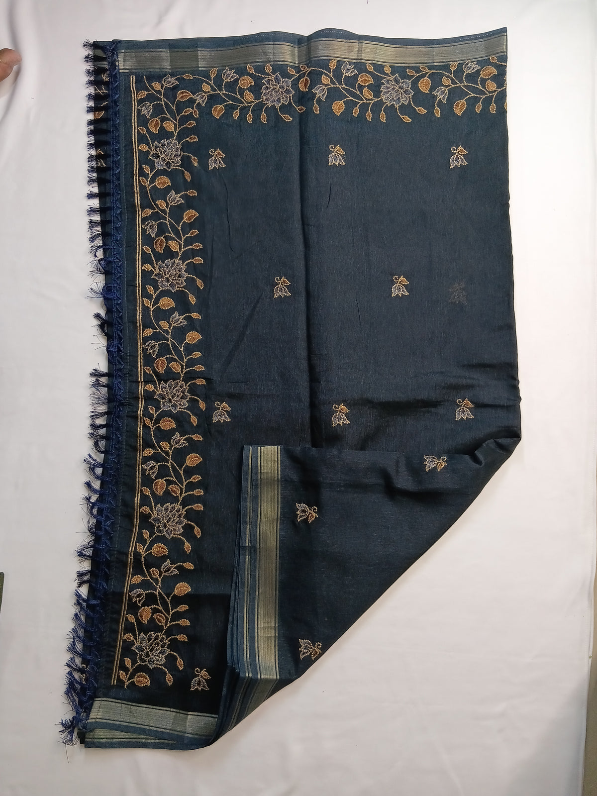 Midnight Navy Blue Noory Organza Embroidery Saree