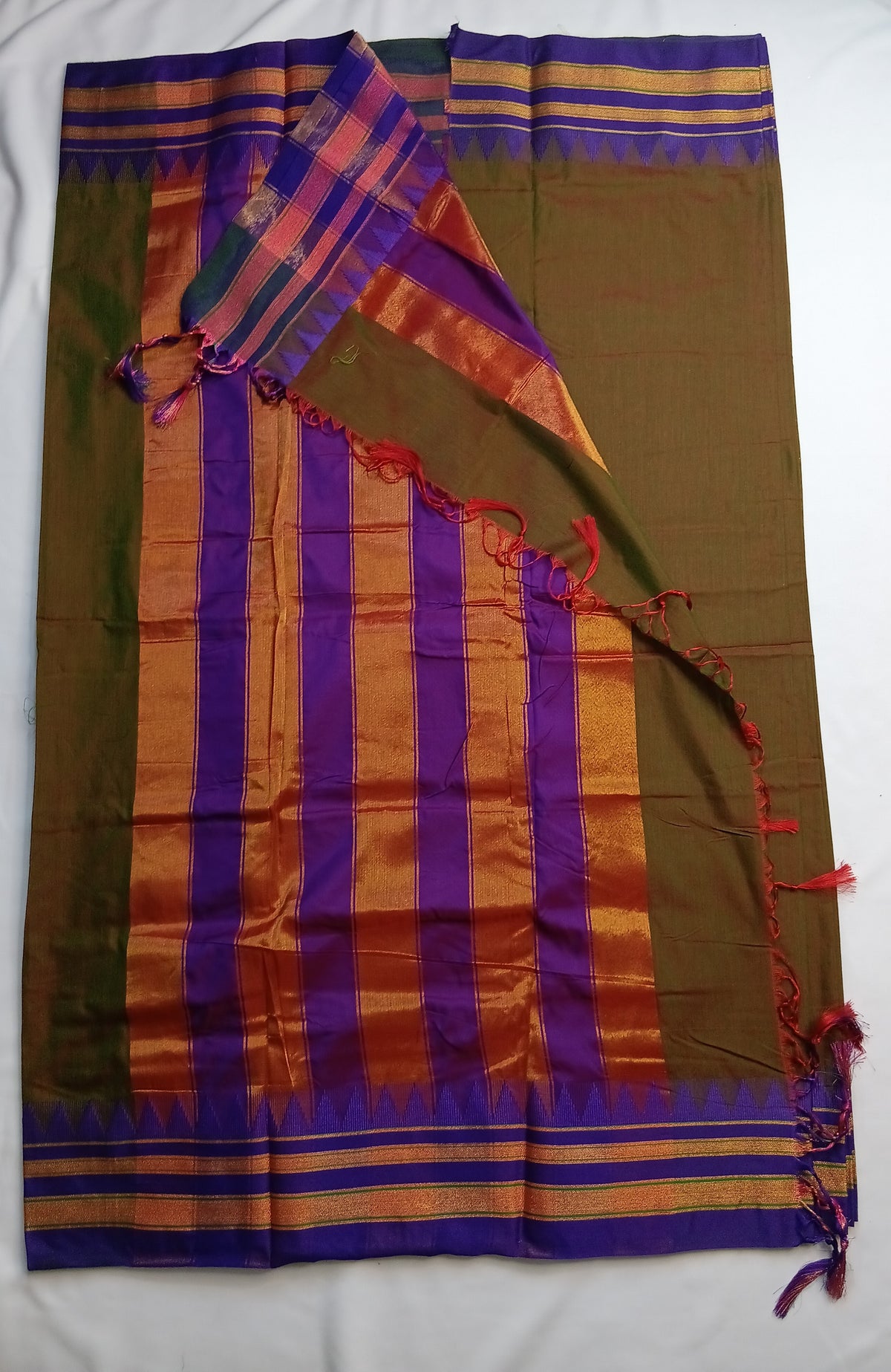 Bronze Brown Ilkal Plain Saree with Purple Temple Border Product Description