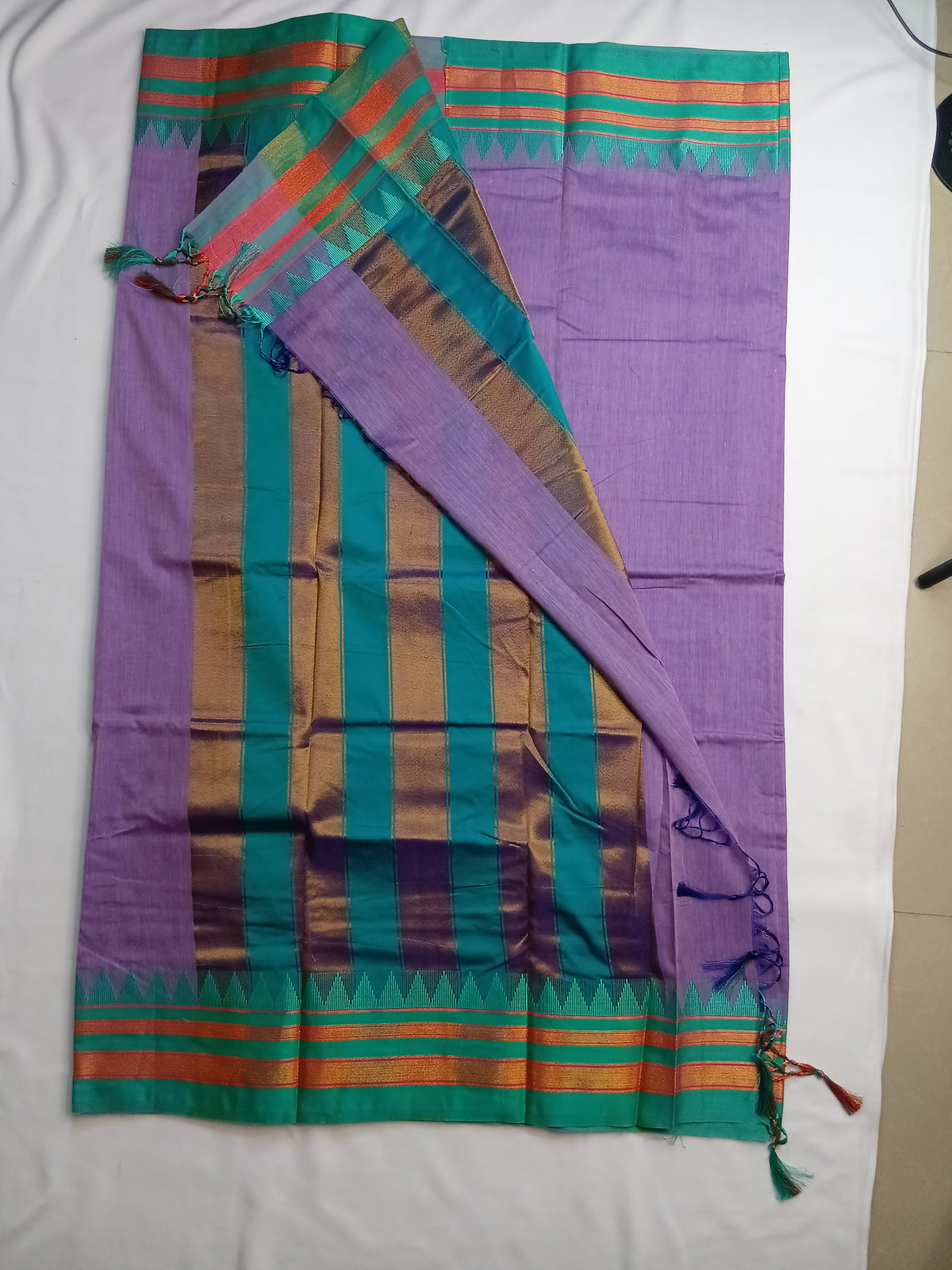 Lavender Ilkal Plain Saree with Teal Temple Border