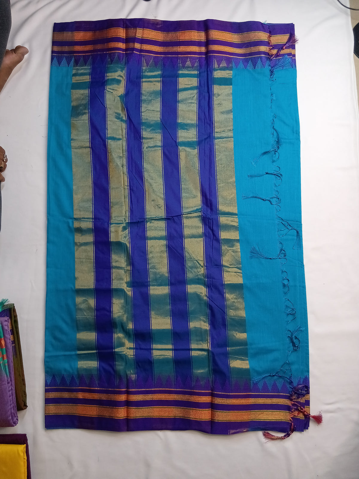 Turquoise Blue Ilkal Plain Saree with Purple Temple Border