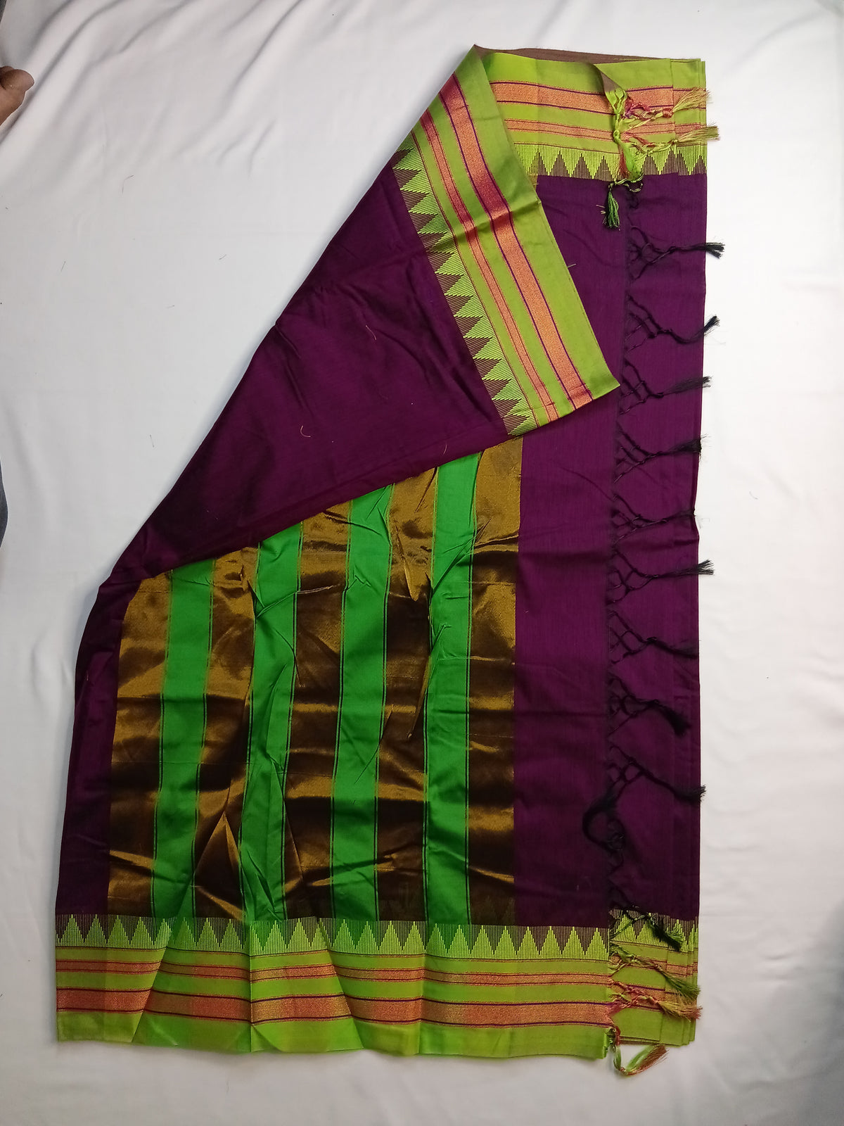 Purple Ilkal Plain Saree with Green Temple Border