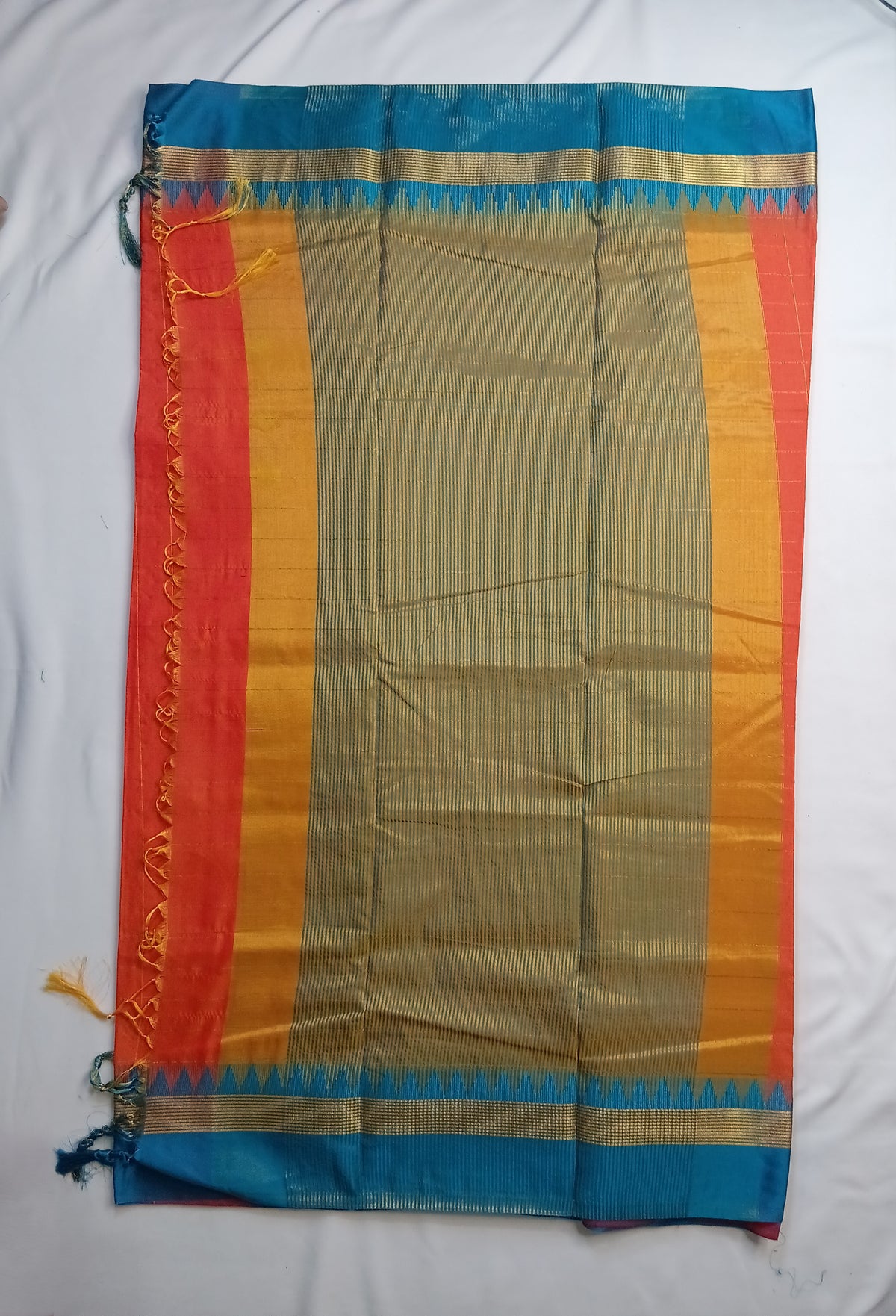 Coral Orange Ilkal Guwahati Checks Saree with Turquoise Temple Border
