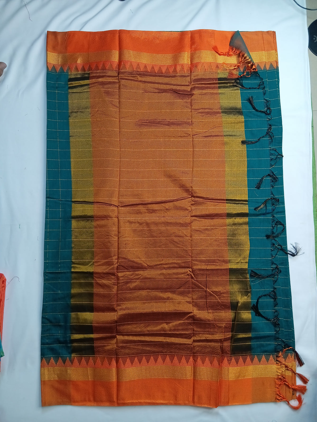 Bottle Green Ilkal Guwahati Checks Saree with Orange Temple Border