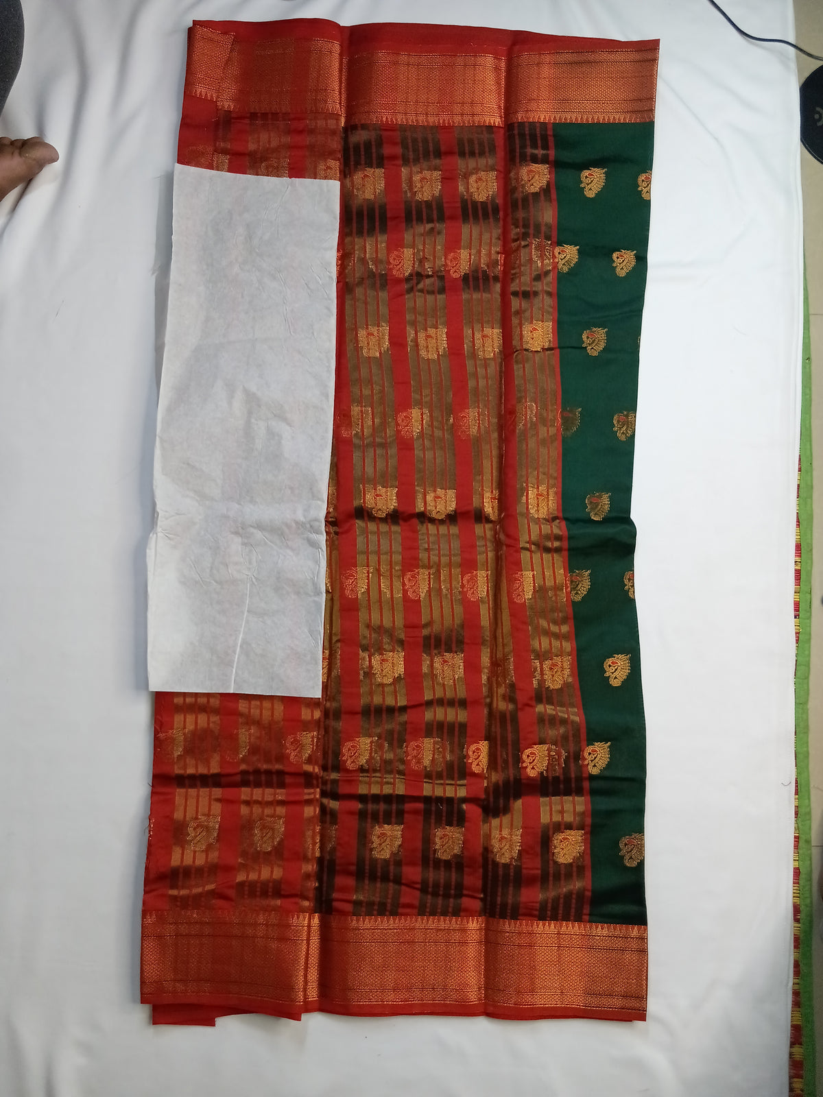 Bottle Green Peacock Silk Saree with Rich Contrast Border