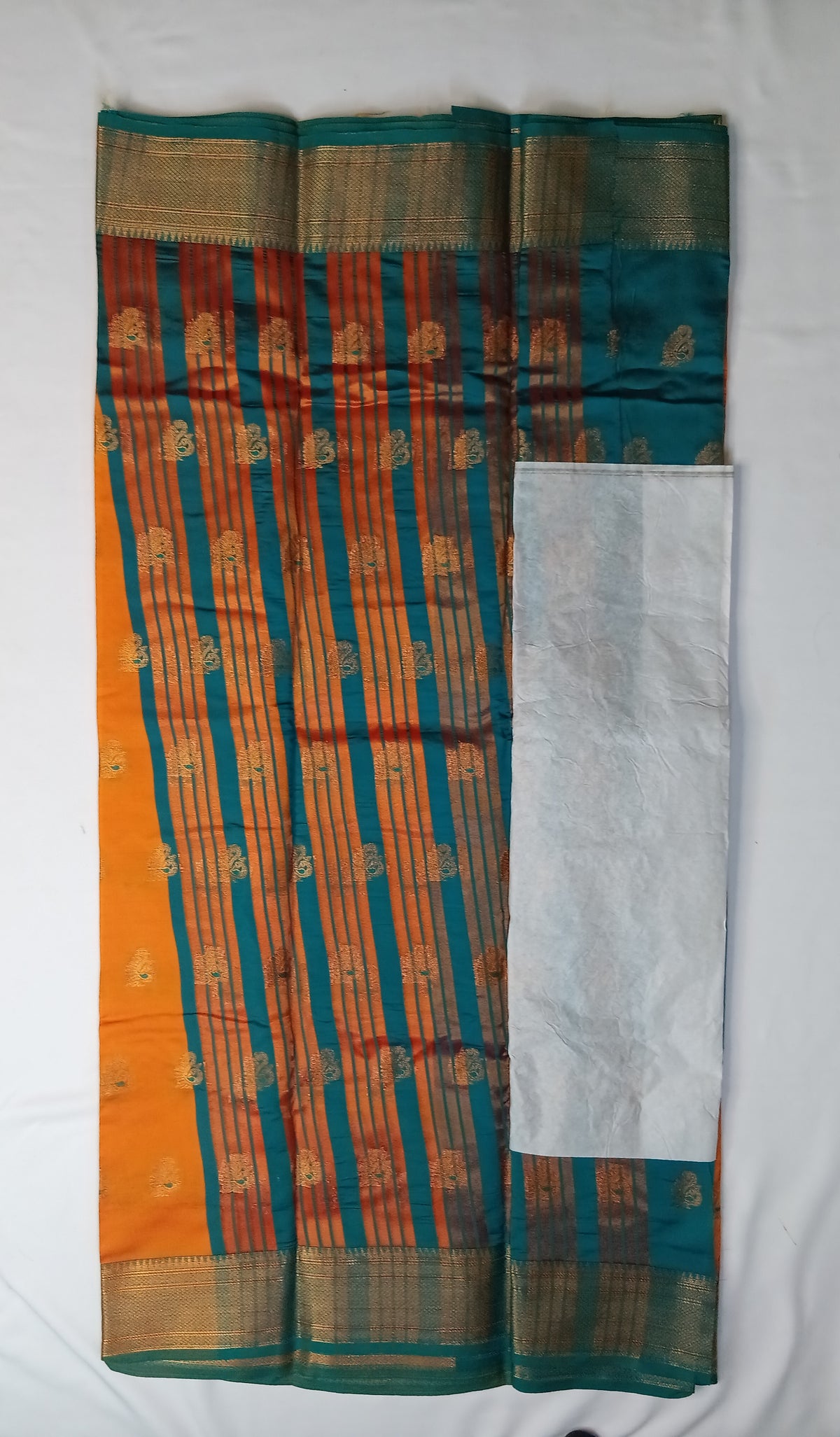Mustard Orange Peacock Silk Saree with Rich Contrast Border