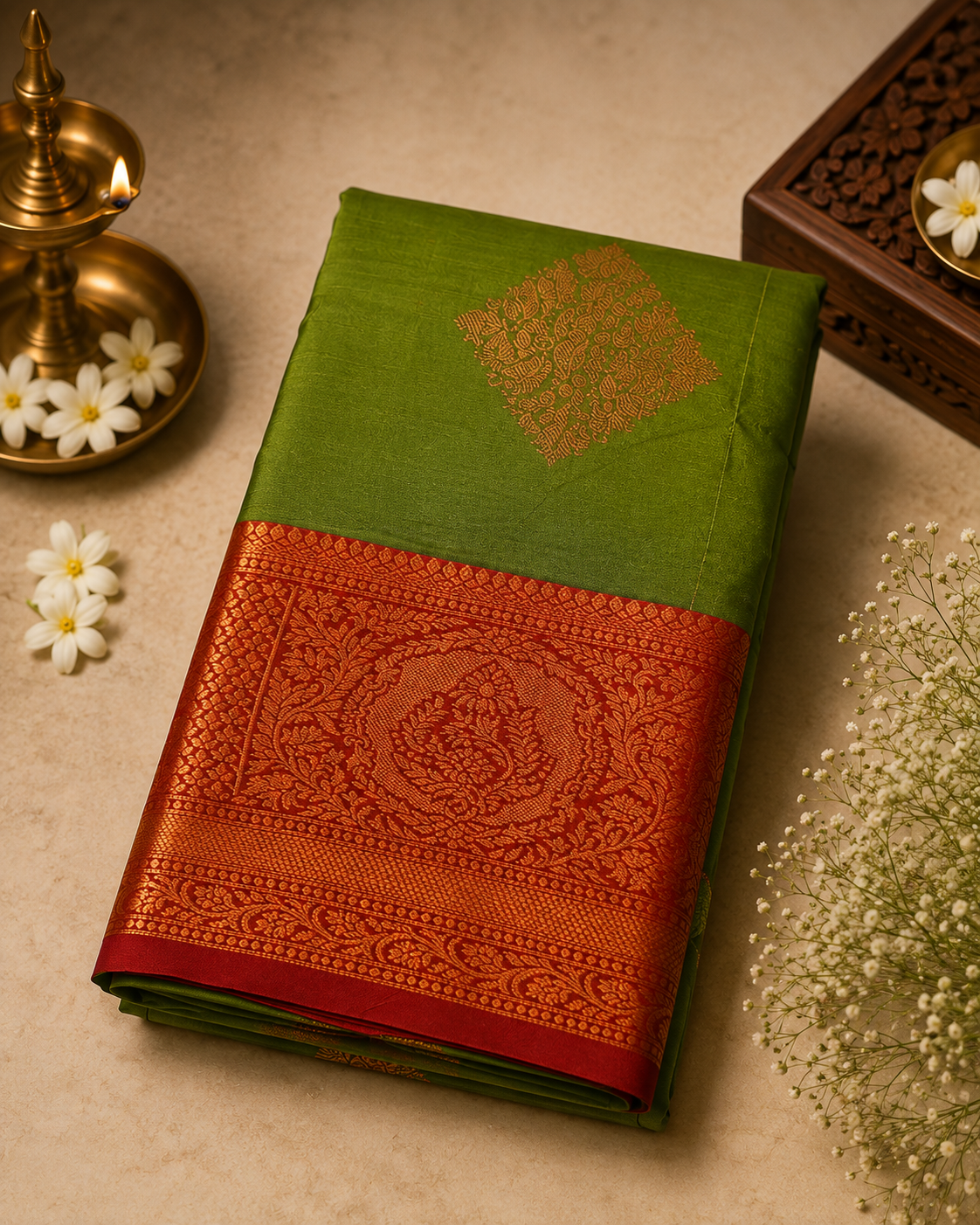 Olive Green Soft Pattu Silk Saree with Blouse