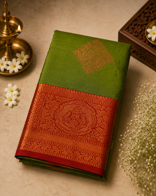 Olive Green Soft Pattu Silk Saree with Blouse