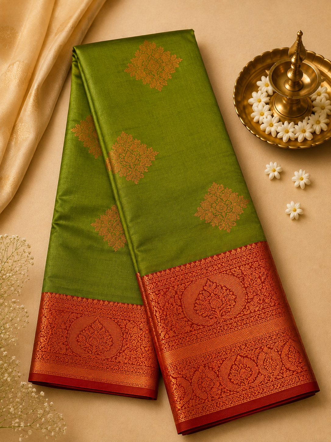 Olive Green Soft Pattu Silk Saree with Blouse