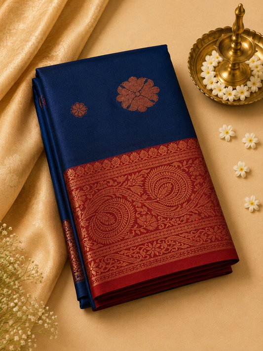 Navy Blue Soft Pattu Silk Saree with Floral Motif & Blouse