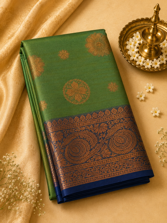 Light Green Soft Pattu Silk Saree with Floral Motif & Blouse
