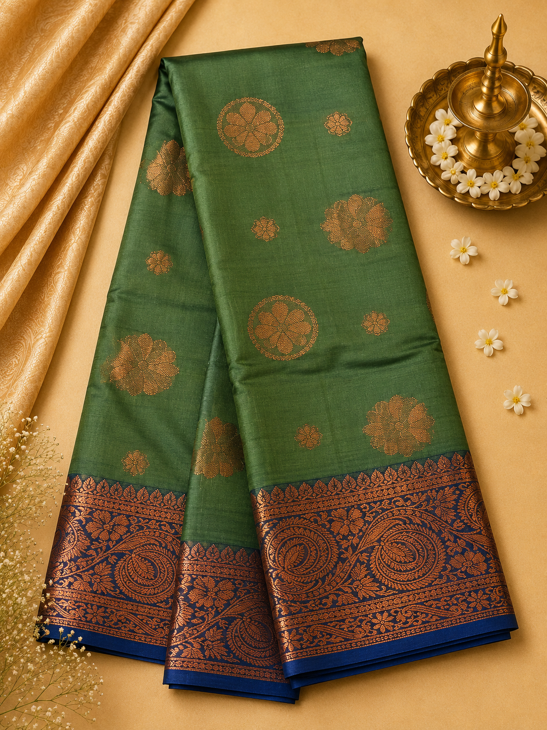 Light Green Soft Pattu Silk Saree with Floral Motif & Blouse