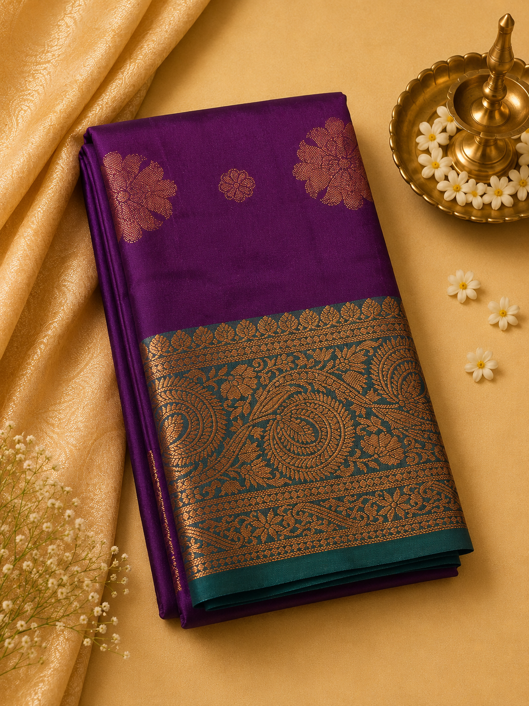 Purple Soft Pattu Silk Saree with Floral Motif & Blouse