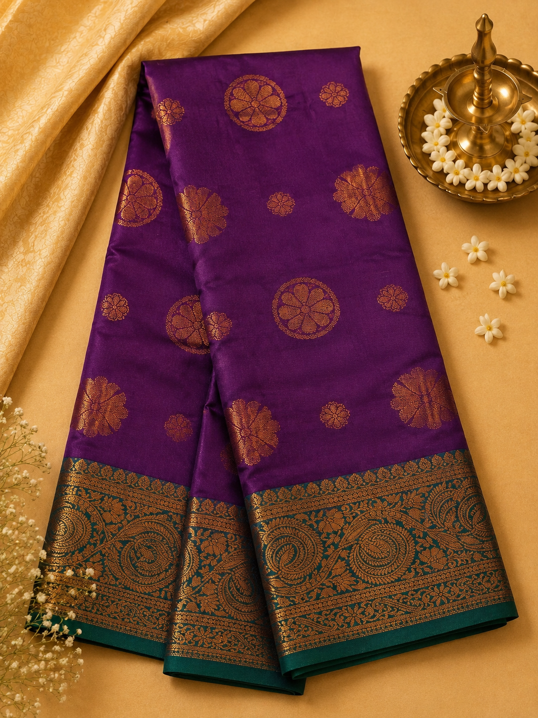 Purple Soft Pattu Silk Saree with Floral Motif & Blouse