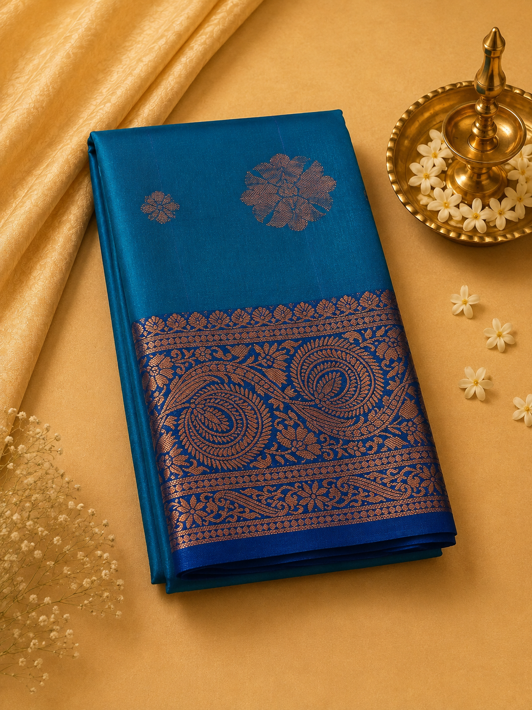 Sky Blue Soft Pattu Silk Saree with Floral Motif & Blouse