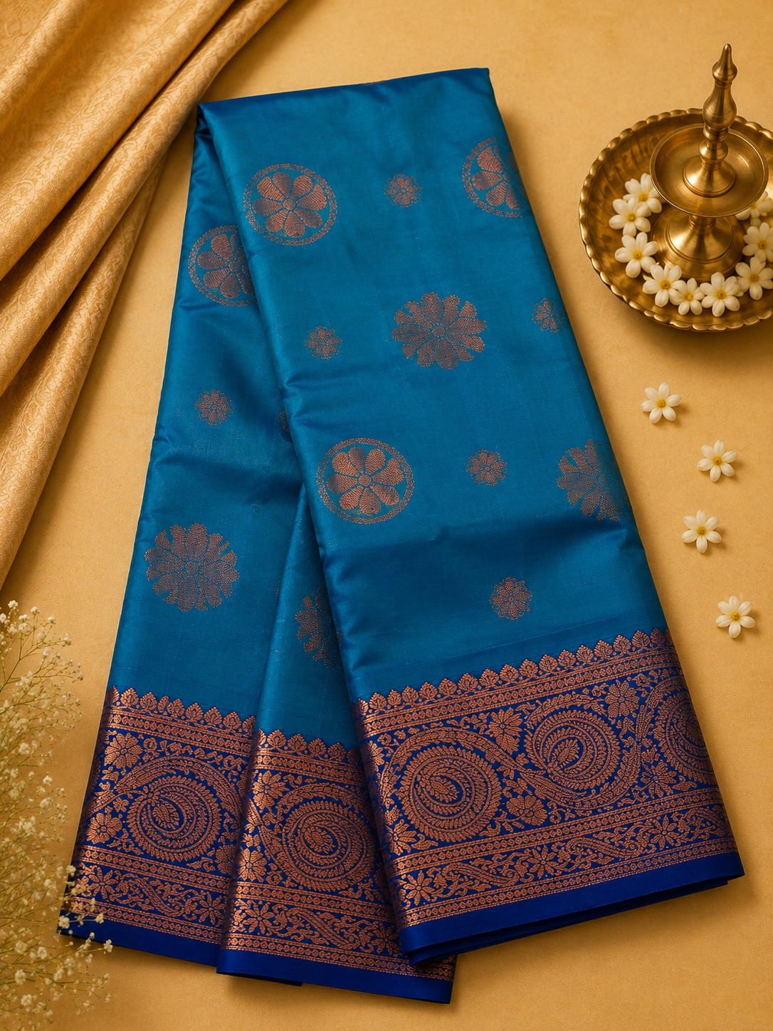 Sky Blue Soft Pattu Silk Saree with Floral Motif & Blouse