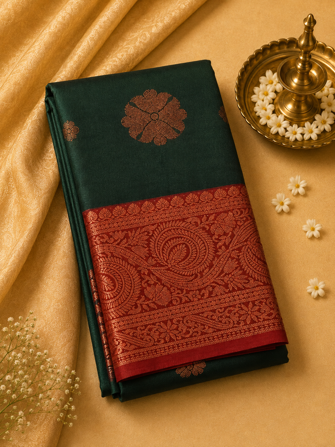 Dark Green Soft Pattu Silk Saree with Floral Motif & Blouse
