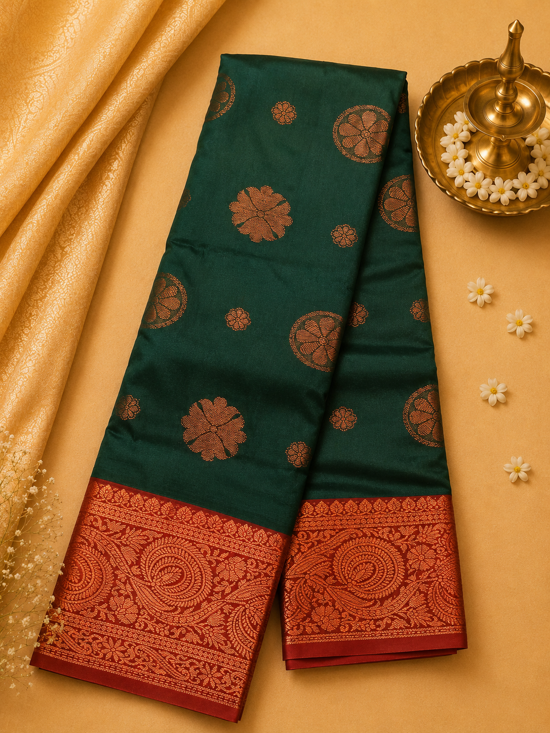 Dark Green Soft Pattu Silk Saree with Floral Motif & Blouse