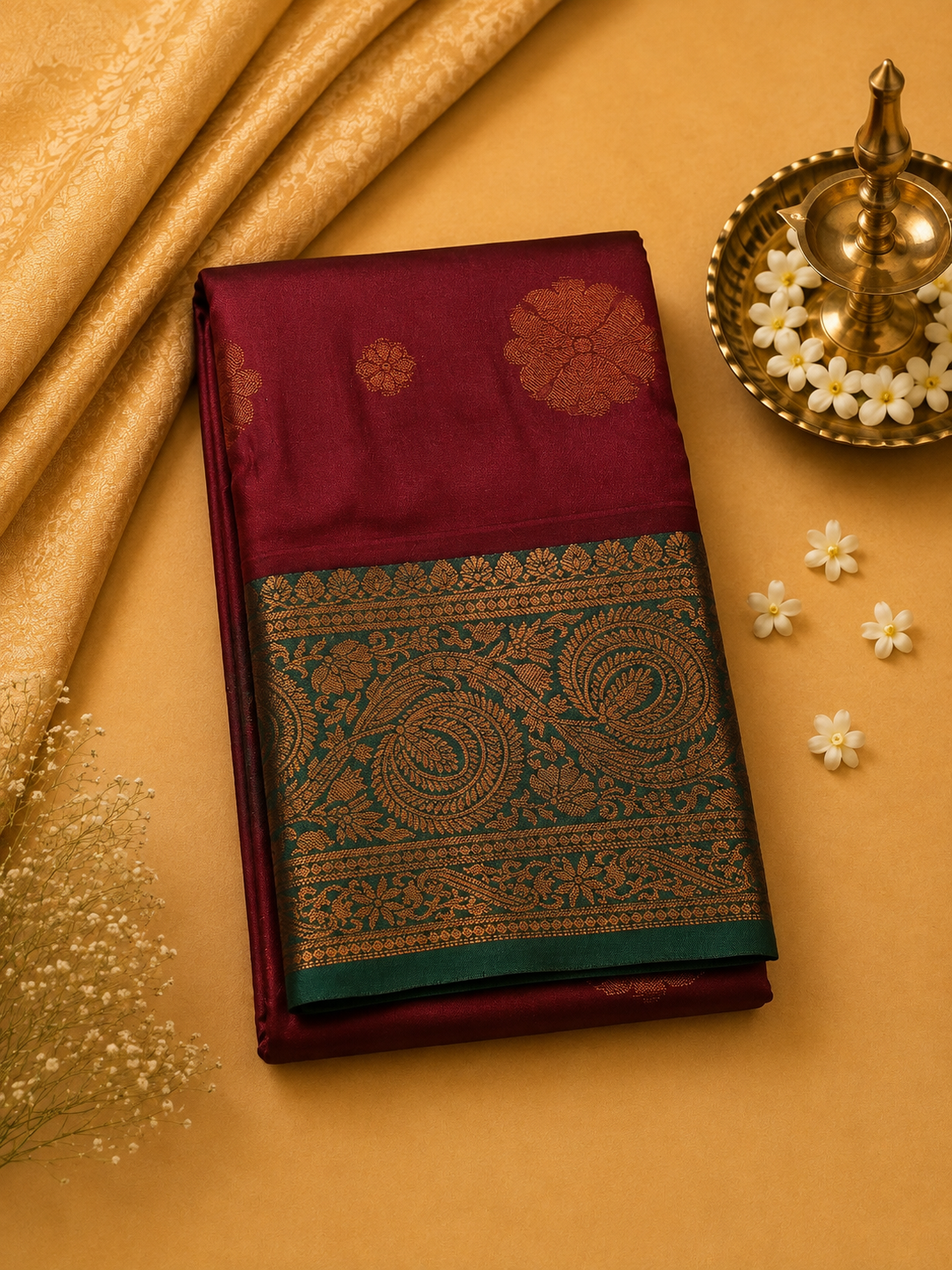 Maroon Soft Pattu Silk Saree with Floral Motif & Blouse