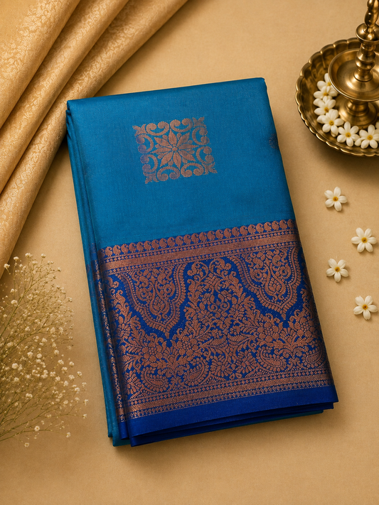 Navy Blue Soft Pattu Silk Saree with Rich Zari Border & Blouse