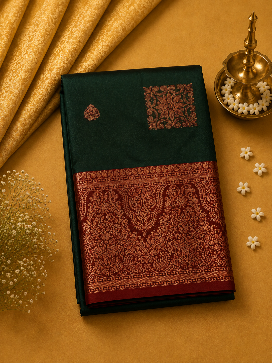 Bottle Green Soft Pattu Silk Saree with Rich Zari Border & Blouse