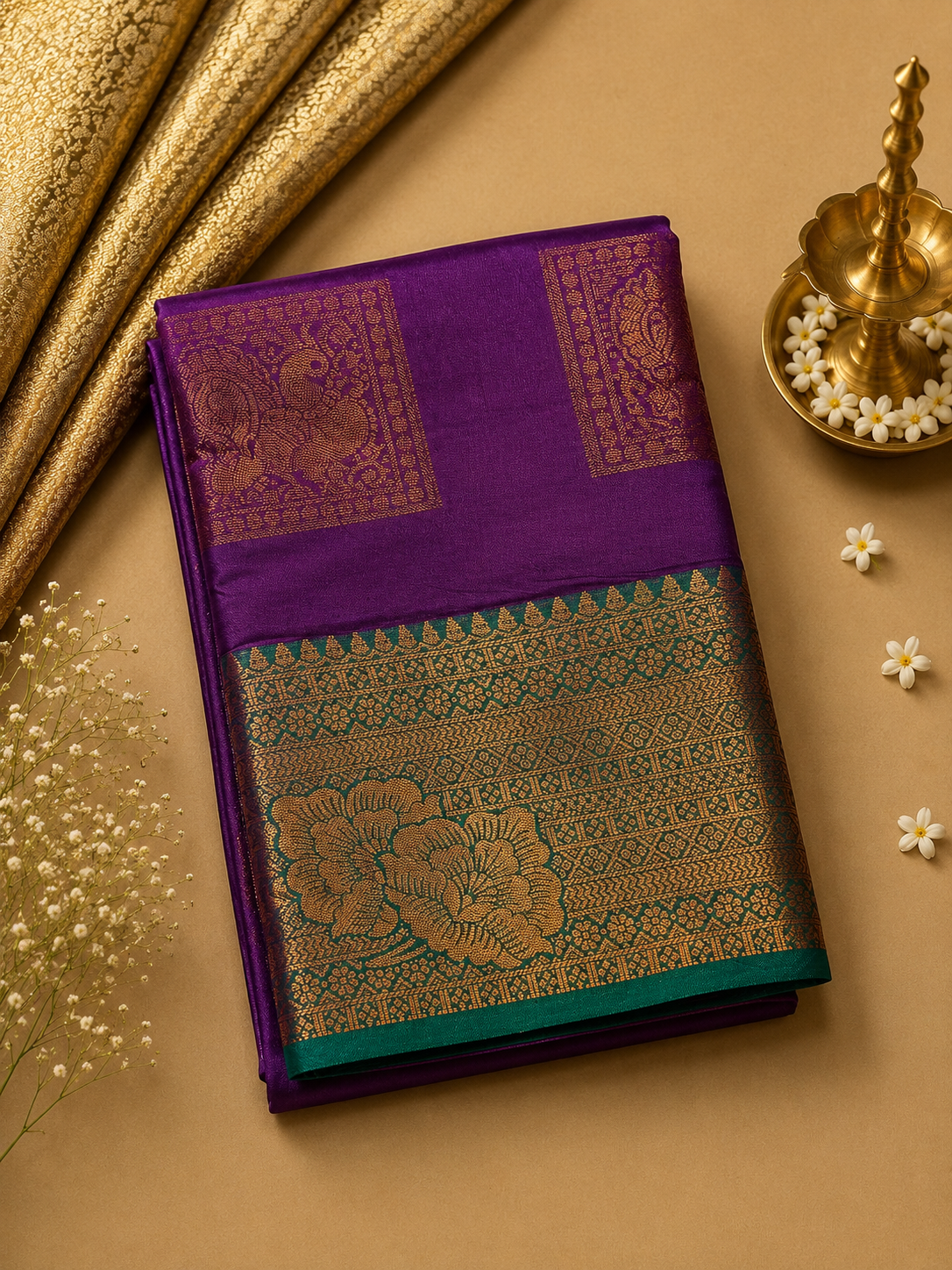 Royal Purple Soft Pattu Silk Saree with Floral Zari Border & Blouse