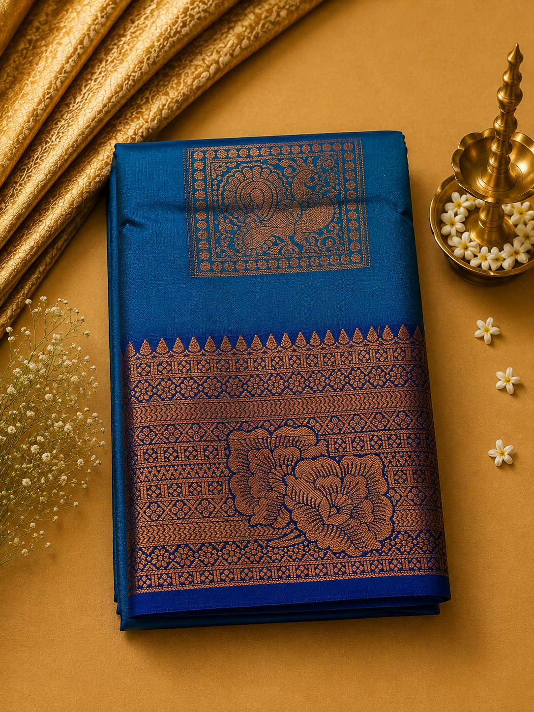Turquoise Blue Soft Pattu Silk Saree with Floral Zari Border & Blouse